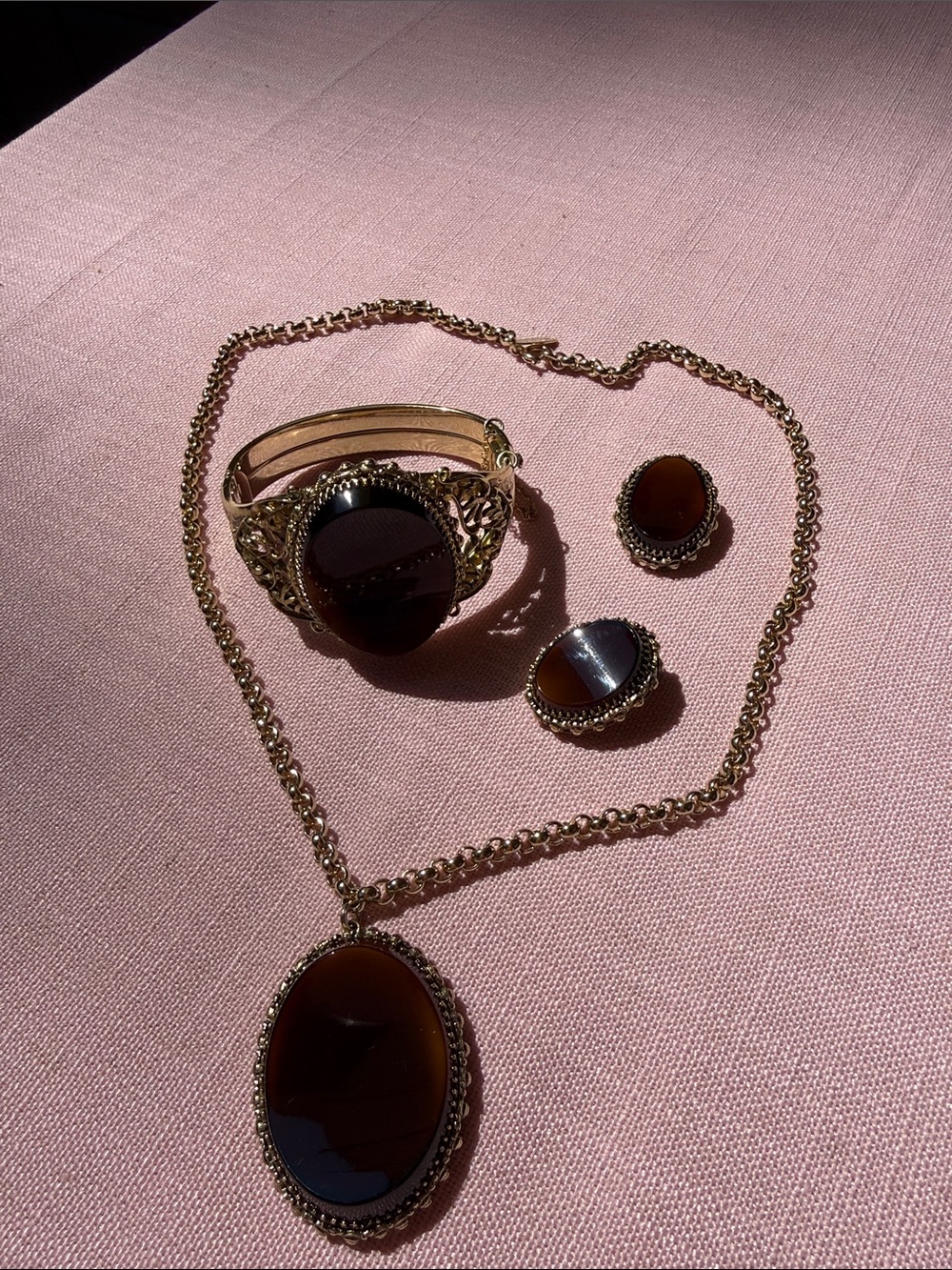 Whiting & Davis Brown Cabochon Necklace Bracelet Earrings Set